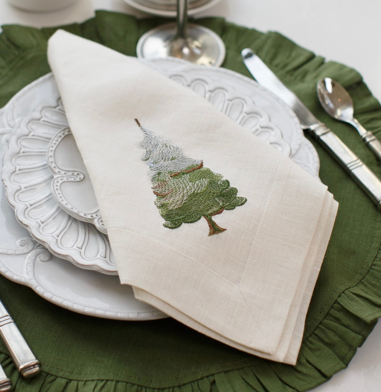 Snowy Pine Embroidered Linen Square Napkin