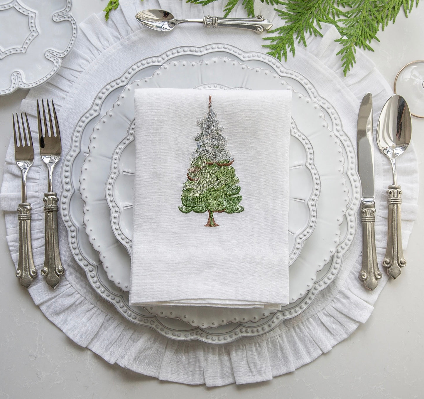 Snowy Pine Embroidered Linen Square Napkin