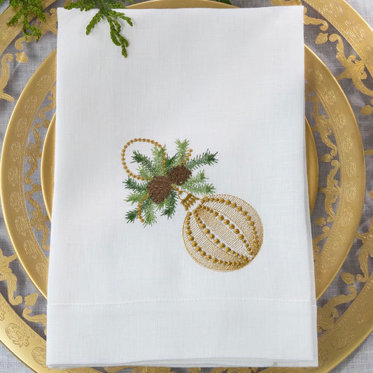 Christmas Ornament Embroidered Linen Tri-Fold Napkin
