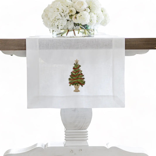 Christmas Tree Embroidered Linen Table Runner