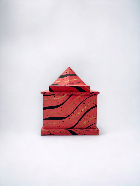 Unique Hand-Painted Pyramidal Decorative Box, Red Stripe