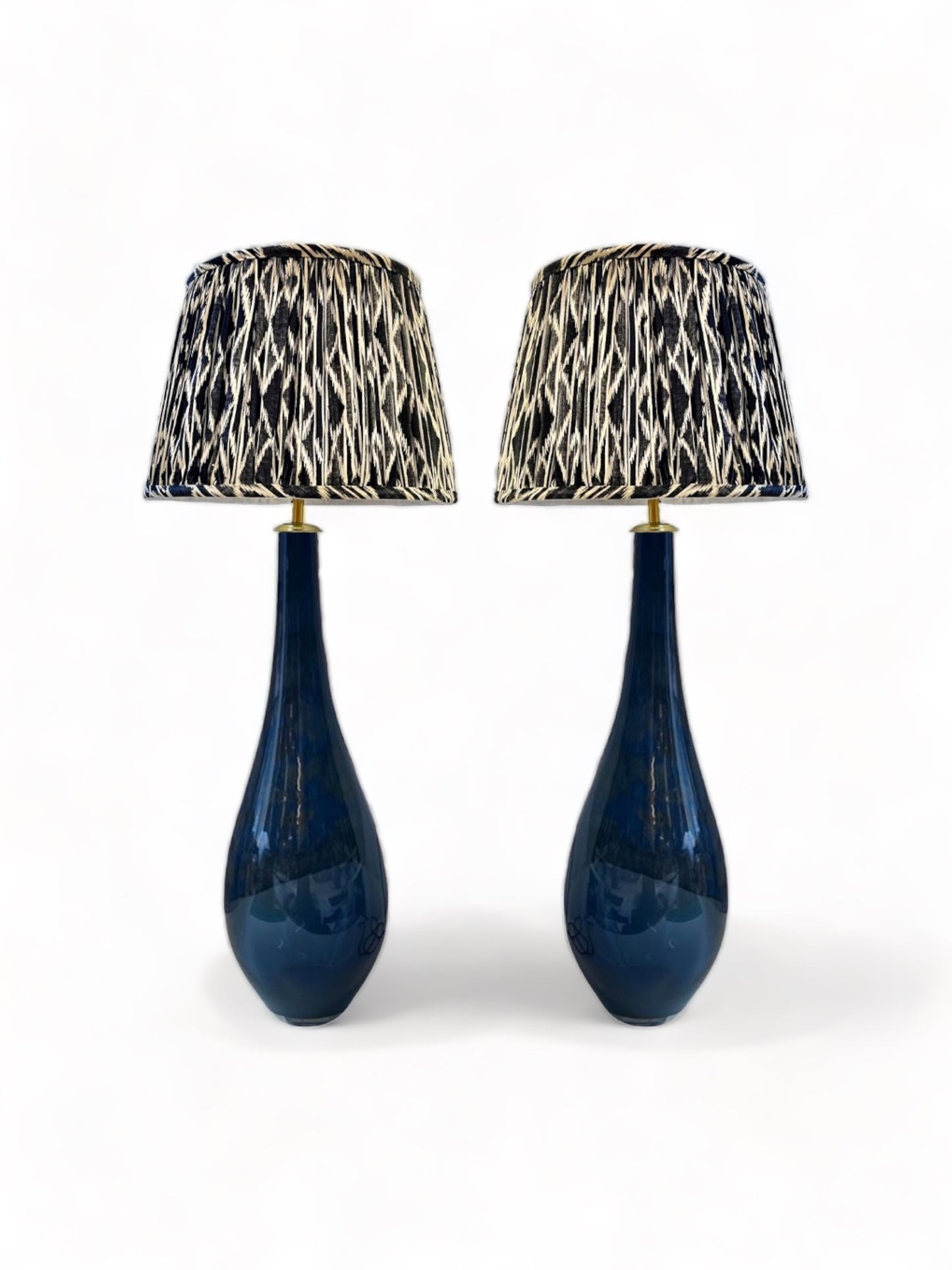 Pair of Lamps with Ikat Shade and Retro Navy Glass Base