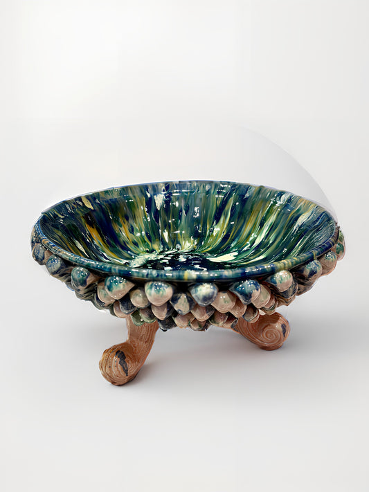 Three-Footed Pedestal Sicilian Pine Cone Bowl, Blue | Green Swirl