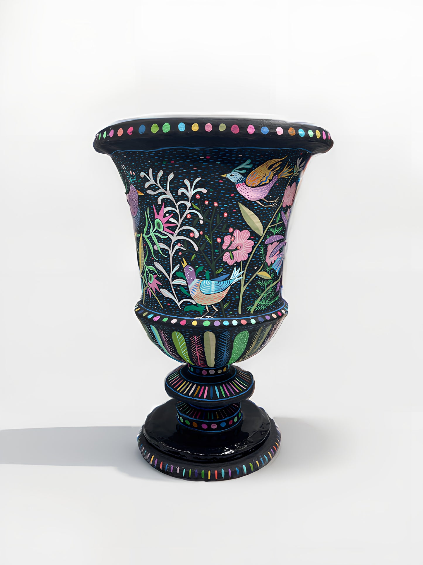 Hand-Painted Papier Mâché Urn with Floral and Avian Motif